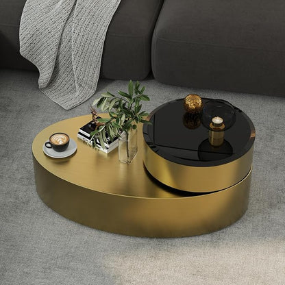 Oval Rotating Coffee Table with Tempered Glass Top, 2-Tier Design & 360° Swivel Base, Brushed Gold Finish - Modern Center Table for Living Room, Office, Apartment