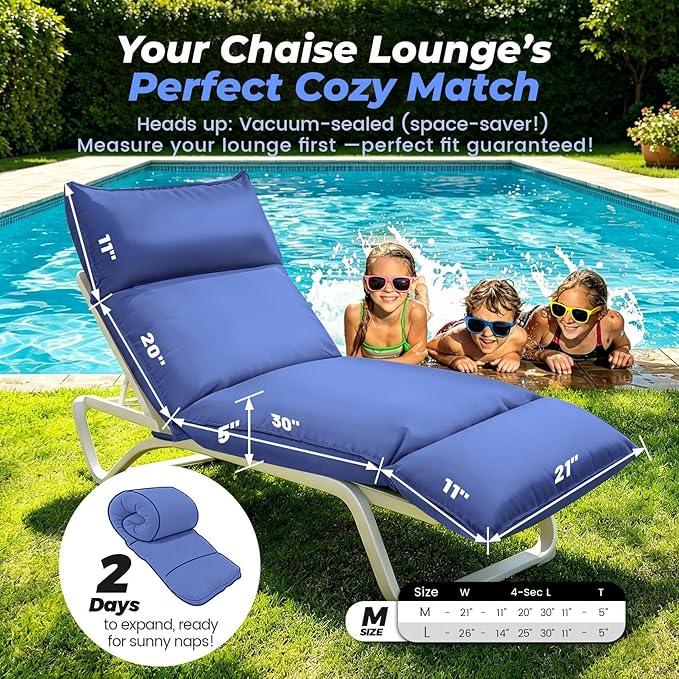 Outdoor Chaise Lounge Chair Cushion, Waterproof Non-Slip Patio Chaise Lounge