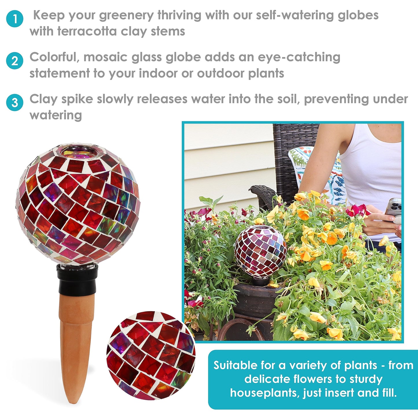 Sunnydaze Mosaic Glass Plant Watering Globe with Clay Spike - Decorative Self-Watering Planter Insert - Water Dripper for Plants - 9.5" - Magenta Medley