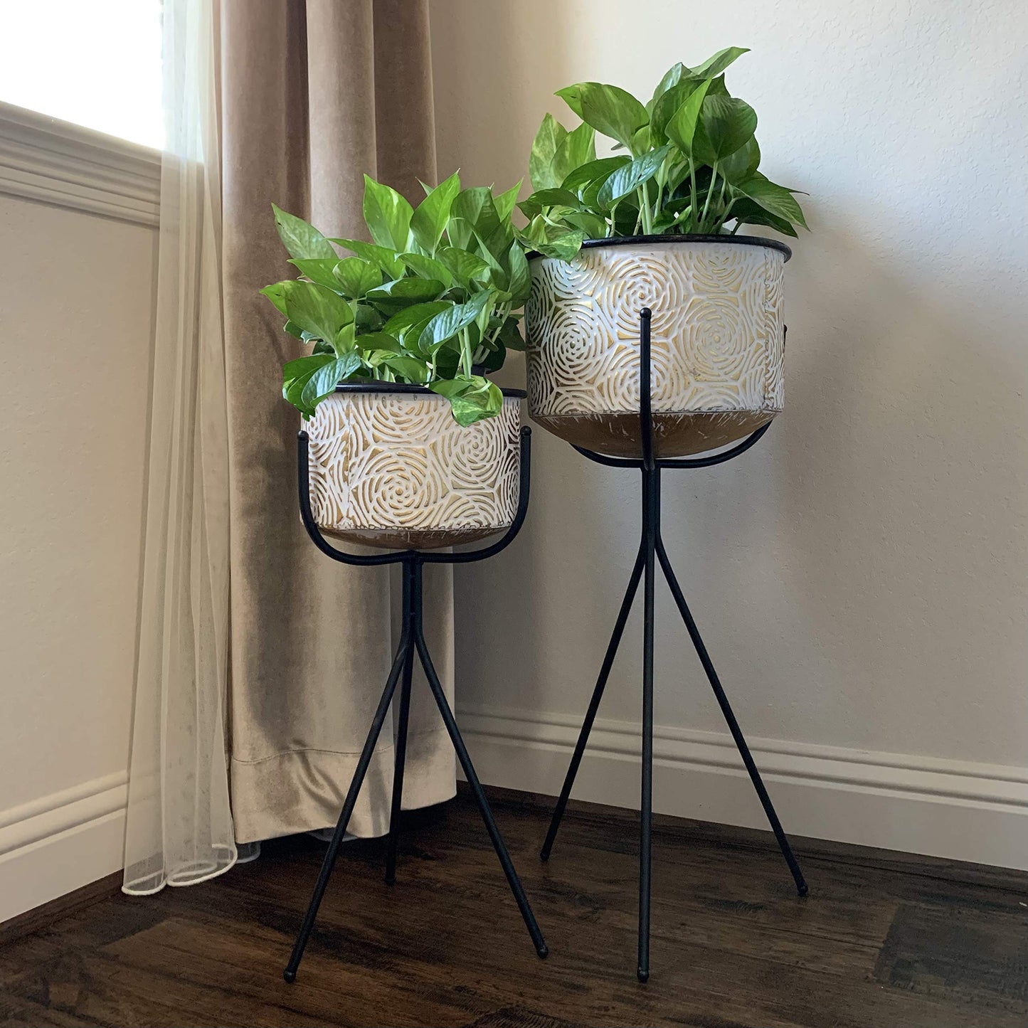 allgala HD88352 Deluxe Galvanized Planter Pot Indoor and Outdoor Decoration(Pack of 2, Gold Rose 3 Leg Stand)