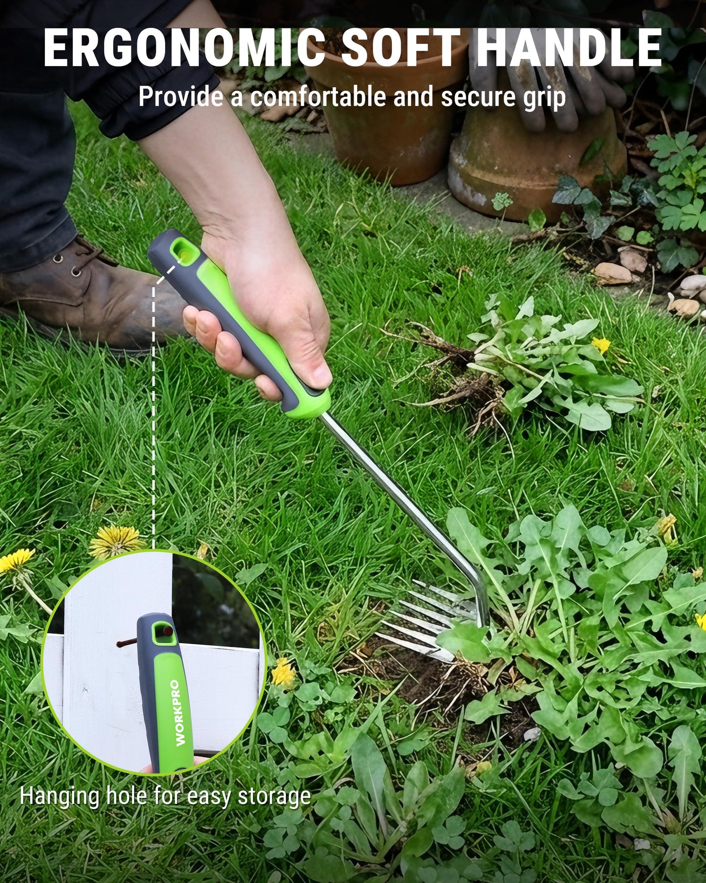 WORKPRO 15-Inch Weed Puller Tool, 6-Tine Heavy Duty Deep Root Remover for Dandelion, Stainless Steel Hand Weeder with Ergonomic Soft Grip for Lawn, Garden, and Yard