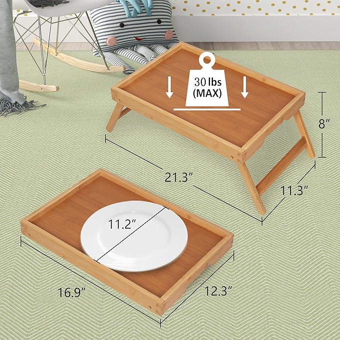 Artmeer Bed Tray Table with Folding Legs, Bamboo Breakfast in Bed