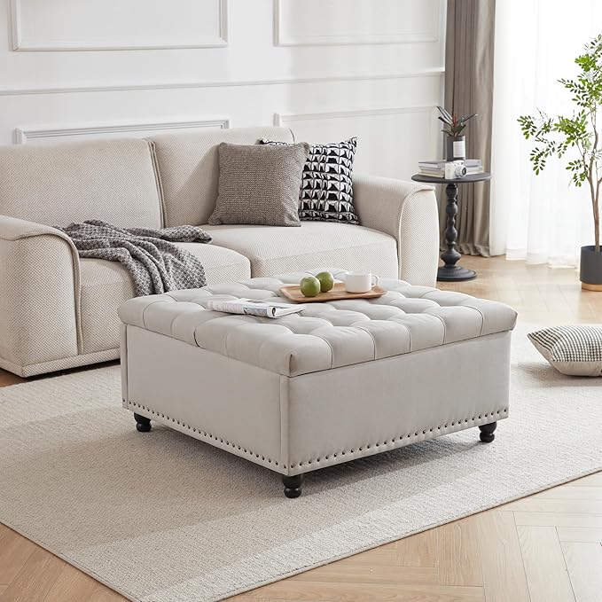 Tbfit Large Square Storage Ottoman Bench, Tufted Upholstered Coffee Table