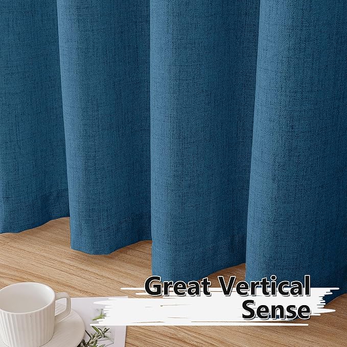 Tollpiz Linen Curtains Living Room Rod Pocket Semi Sheer Curtain Burlap Light Filtering Thick Linen Drapes for Bedroom, 38 x 63 inches Long, Classic Blue, Set of 2 Panels