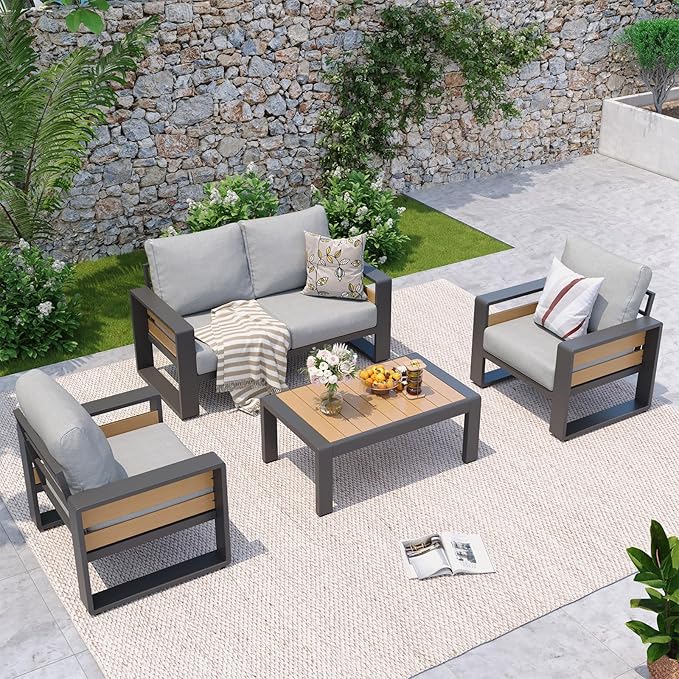 Aoxun Aluminum Patio Furniture Set, 4 Seats Luxury Metal Patio Conversation Sets