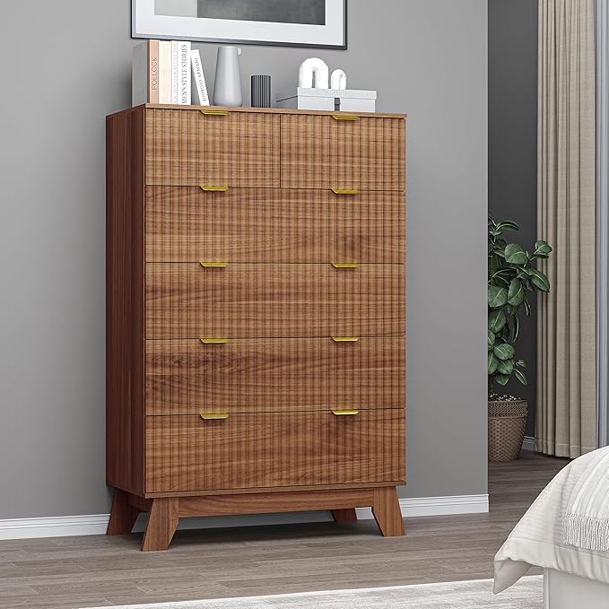 BORNOON 46" Tall Dresser for Bedroom, 6-Drawer Fluted Chest of Drawers
