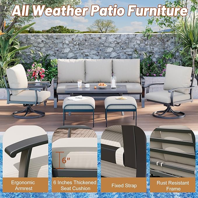 HOMREST Patio Furniture Sets 7 PCS Outdoor Metal Conversation Sets, 360 Degree