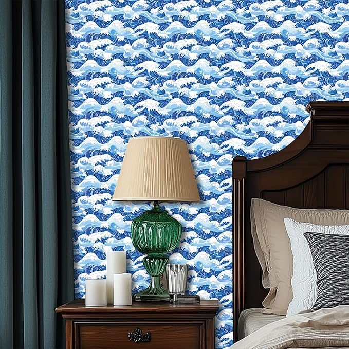 HOMETITUTE Ocean Blue Wave Pattern Wallpaper Peel and Stick Self Adhesive Vinyl