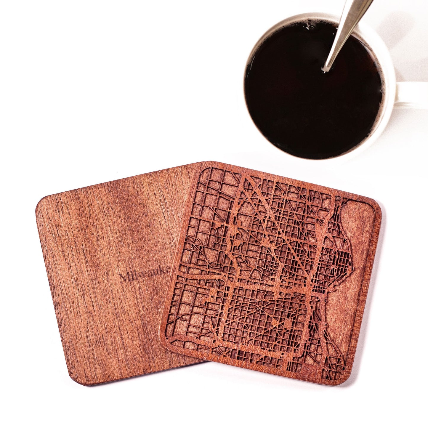 Milwaukee Map Coaster by O3 Design Studio, Set Of 4, Sapele Wooden Coaster With City Map, Handmade