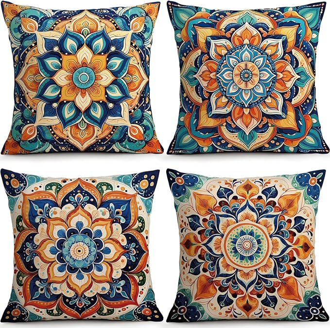 OBSEDE Boho Mandala Throw Pillow Covers Set of 4, 18x18 Inch Blue and Orange