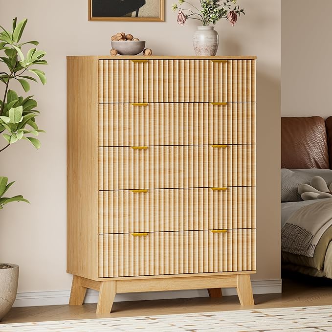 BORNOON 46" Tall Dresser for Bedroom, 6-Drawer Fluted Chest of Drawers
