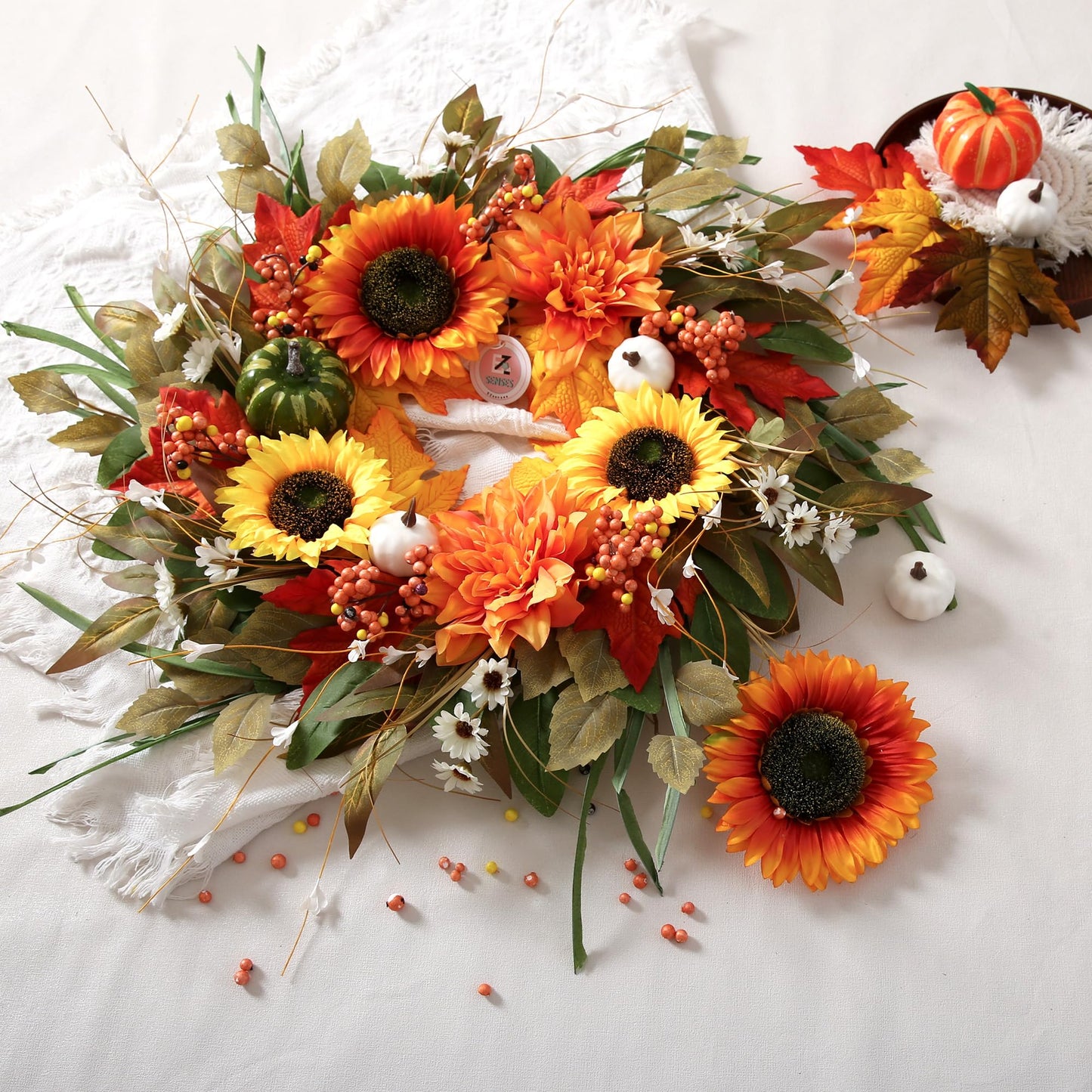 Sunflower Wreaths for Front Door Outside All Season, 24 Inch Artificial Dahlia and Sunflower Door Wreath with Greenery, Pumpkins and Maple Leaves for Home Porch Decor