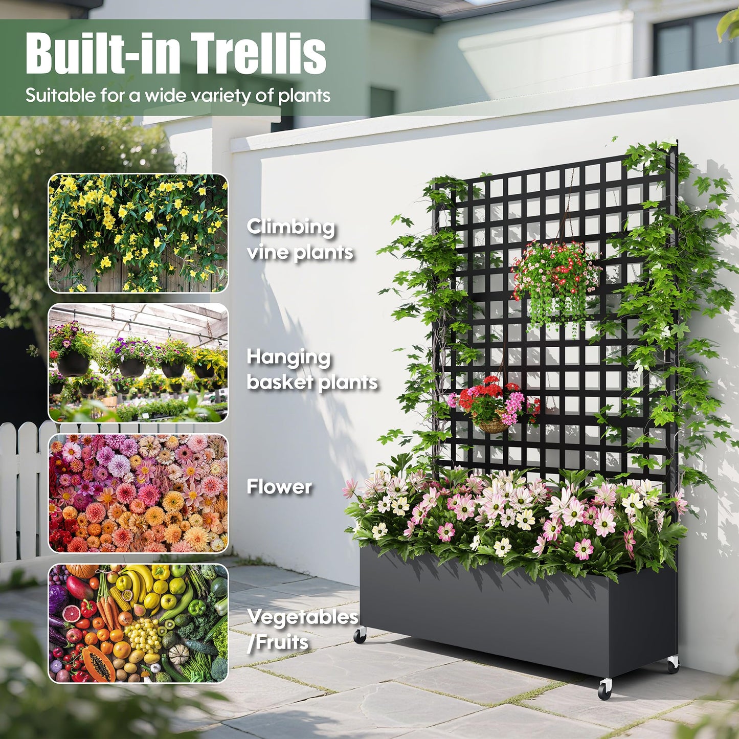 Sunnibety Metal Planter Box with Trellis Privacy Screen, Raised Garden Bed with Lattice Trellis & Wheels, Privacy Planters for Patio, Planter Box for Climbing Plants, Flower, 73"x 47"x 16", Black