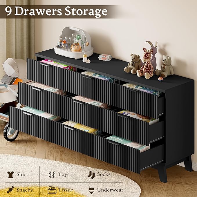 BORNOON 63" Long Dresser for Bedroom, 9-Drawer Fluted Dresser, Extra-Wide Wood