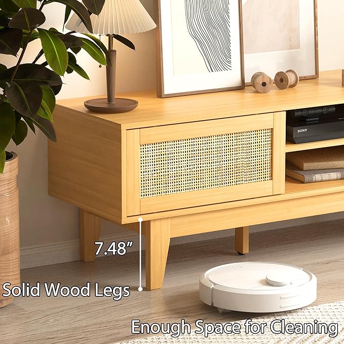 Boho TV Stand for 55 65 Inch TV, Rattan Entertainment Center