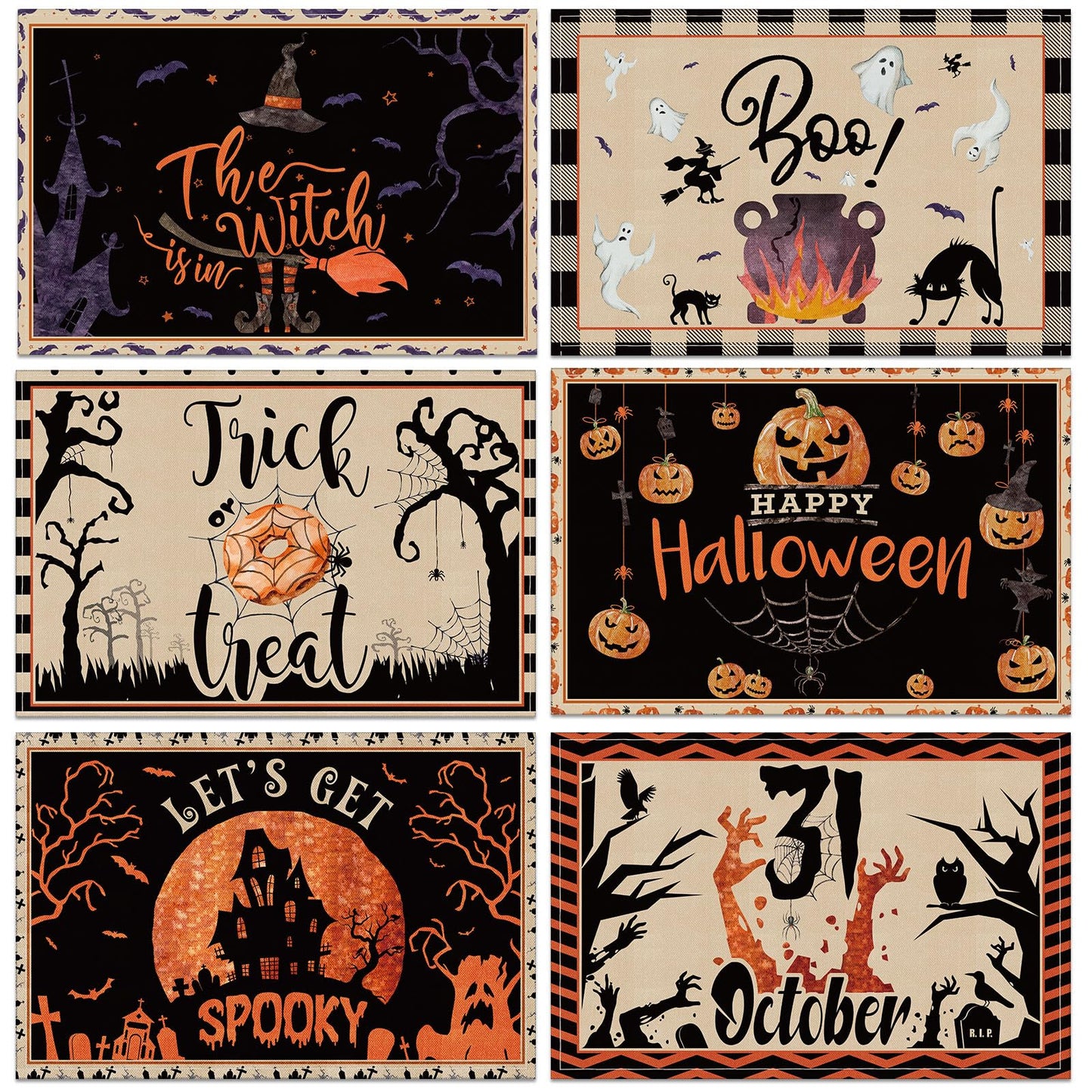Umigy 6 Pcs Halloween Placemats 12"x18" Gothic Bat Placemats Kitchen Decoration Washable Witch Place Mats Rectangle Skull Table Mats for Halloween Dining Table Accessories(Classic)