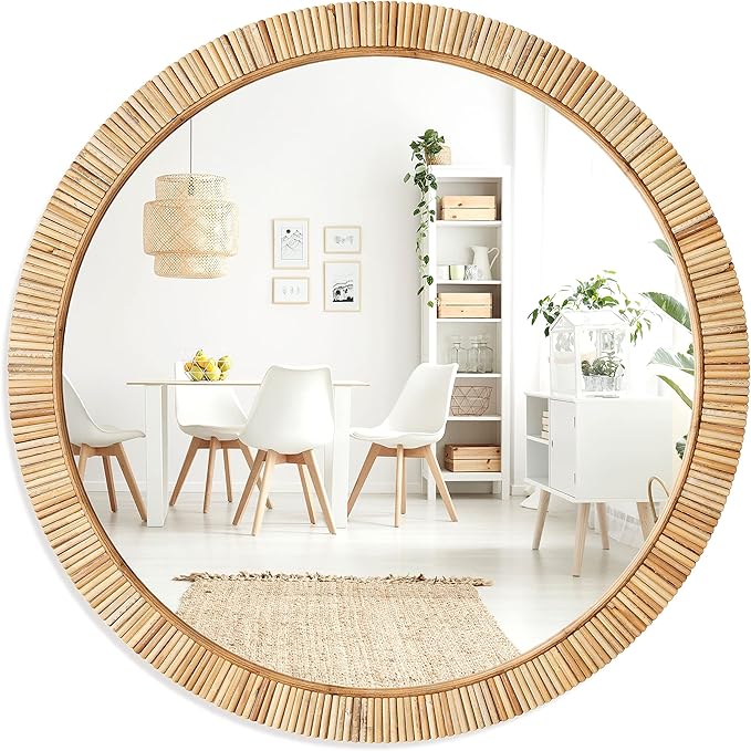 Barnyard Designs Round Rattan Wall Mirror, Natural Tan Woven Rattan Frame