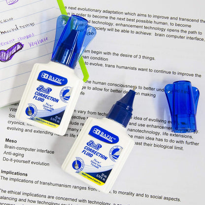 BAZIC Correction Liquid 2 in 1 (0.74 oz / 22 ml), Foam Brush & Precise Metal Tip Applicator, Instant Corrections Pen White Out Fluid, 144-Packs
