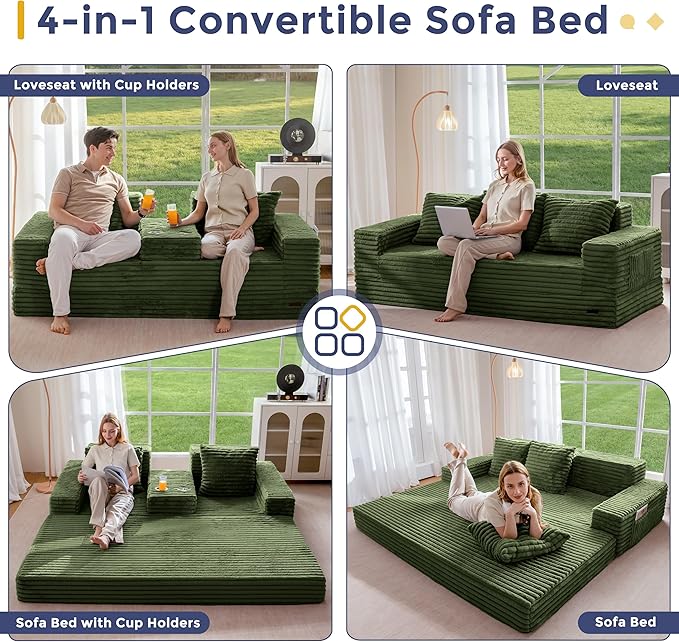 MAXYOYO Loveseat Sofa Bed, Striped Faux Fur Foldable Floor Sofa Couch in A Box
