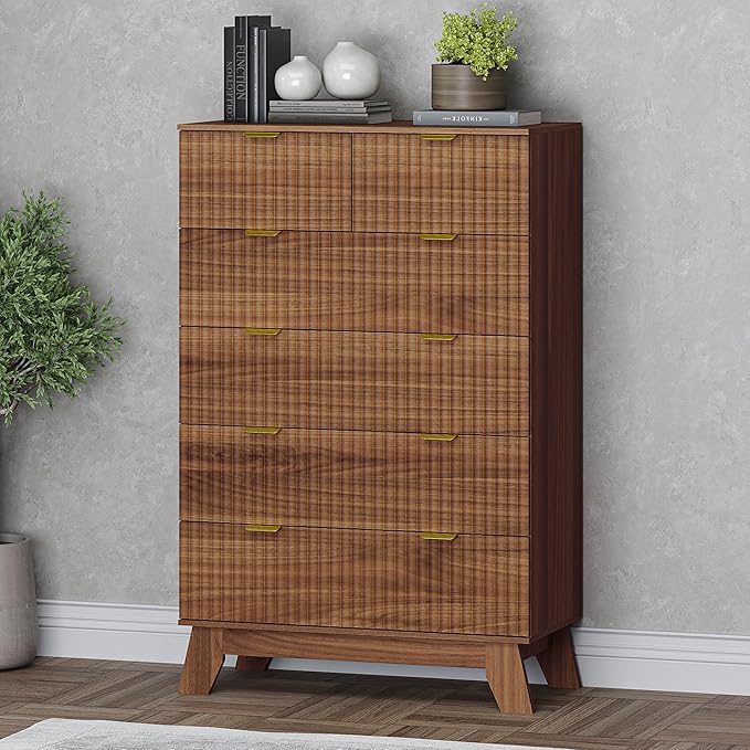 BORNOON 46" Tall Dresser for Bedroom, 6-Drawer Fluted Chest of Drawers