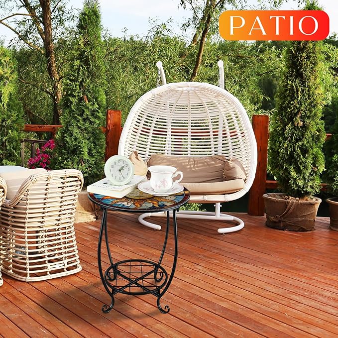 Cinnvoice Outdoor Side Table Round Small Mosaic Patio Accent Indoor End Plant