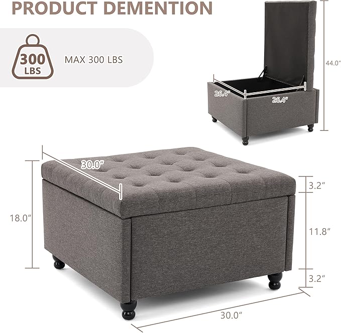 Weture 30 Inch Large Square Storage Ottoman Coffee Table, Oversized Square