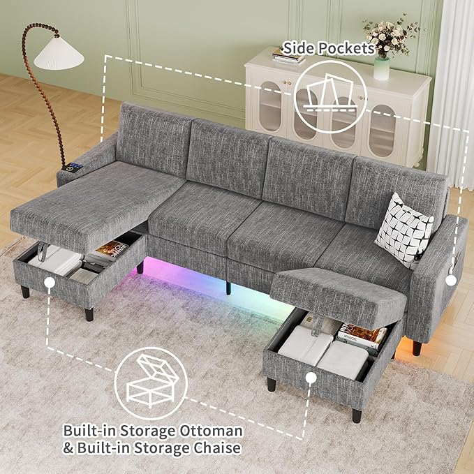 Sectional Couches for Living Room, 6-Seats Soft Linen Fabric Sectional Sofa