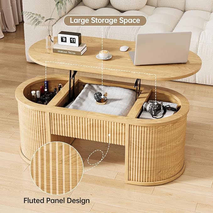 Fluted Lift Top Coffee Table with Storage, Oval Living Room Center Table with Hidden Compartment, Modern Mid-Century Wood Coffee Table for Small Spaces, Home Office, Natural