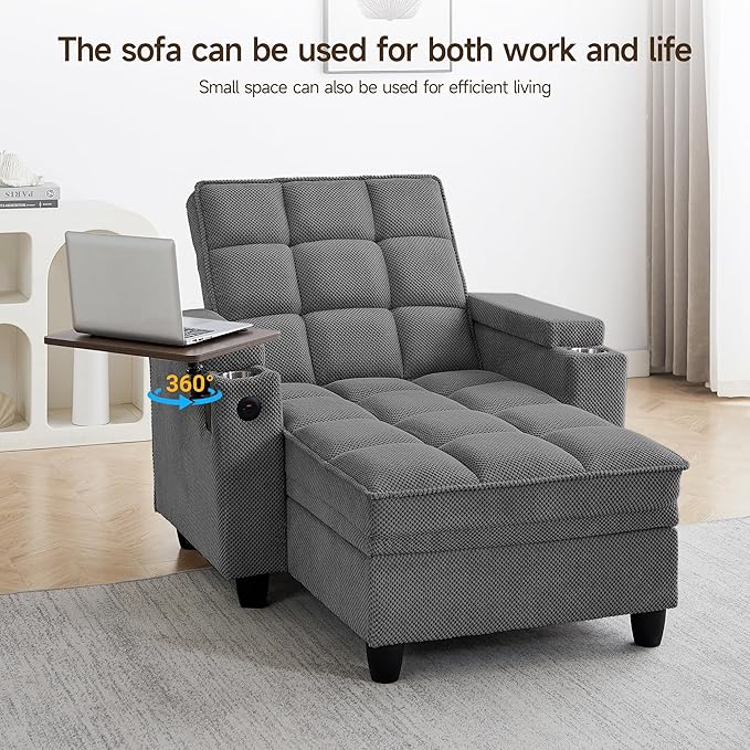 Oversized Recliner Chair with Swivel Tray Table, Modern Tufted Linen Fabric