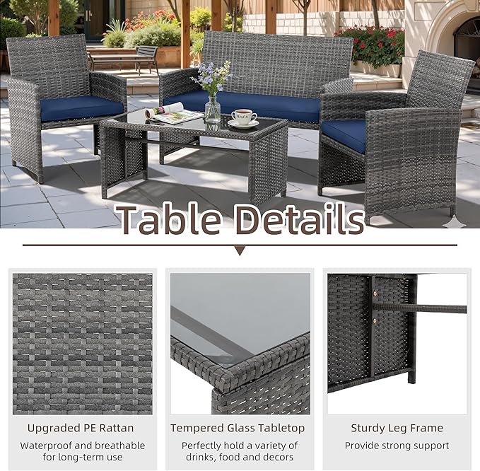 4 Piece Patio Ratten Set Outdoor Furniture Set Wicker Conversation Set