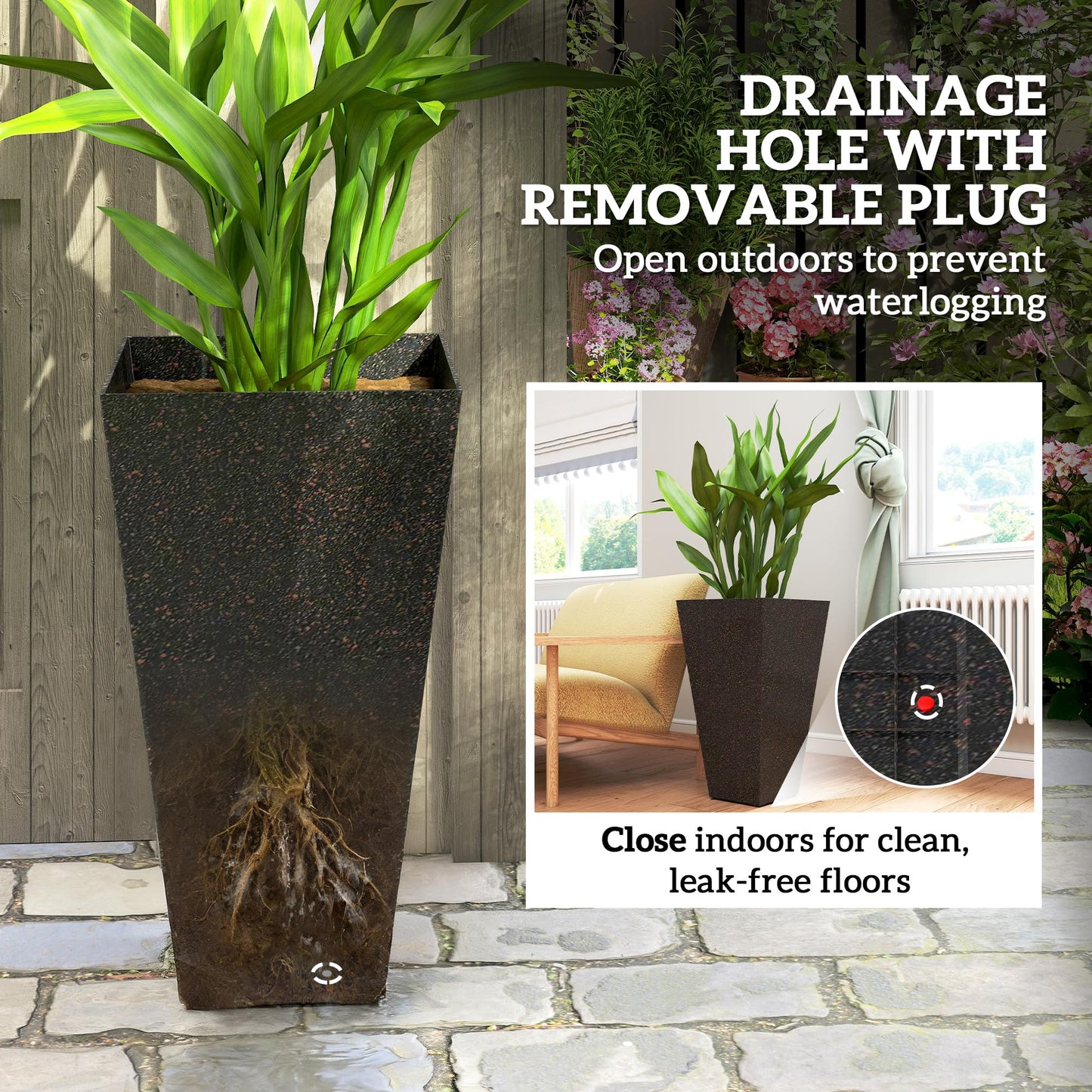 Outsunny 28 Inch Tall Planters for Outdoor Plants, Set of 3 Plastic Flower Pots with Marble Finish and Drainage Holes, Stackable Tapered Large Planters for Indoor Plants, Front Porch Decor, Brown