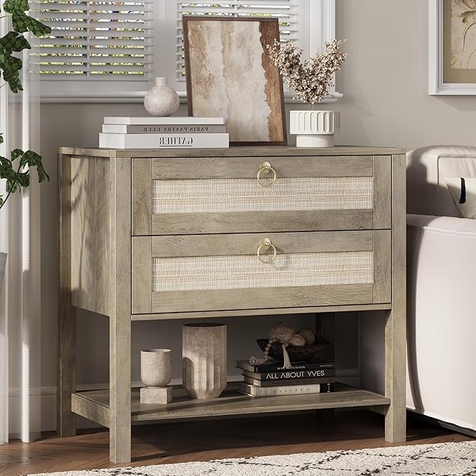 Xixini Nightstand Set of 2, Rattan Boho Bedside Table