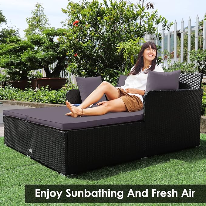COSTWAY Outdoor Patio Rattan Daybed, Sponge Cushioned Loveseat Sofa