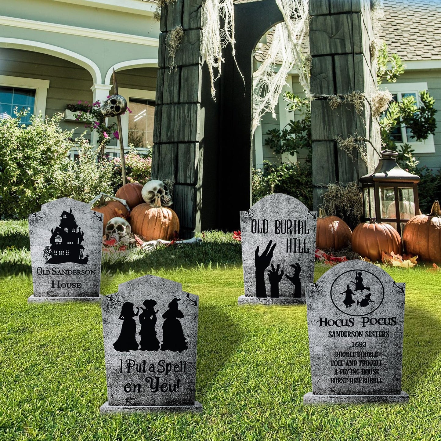 4PCS Halloween Decorations Outdoor Graveyard Tombstone Yard Sign with Stakes-16.5"X11.5"Large Halloween Graveyard Tombstones Decor Weatherproof-Gravestones Outdoor Patio Props-Kids Home Party