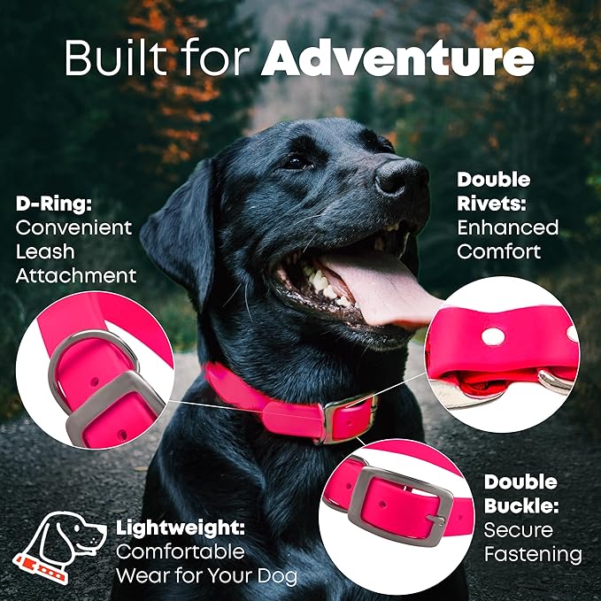 Regal Dog Products Large Pink Dog Collar with Heavy Duty Double Buckle & D Ring | Vinyl Coated, Custom Fit, Adjustable Biothane Dog Collar | Chew Resistant Waterproof Collar for Dogs