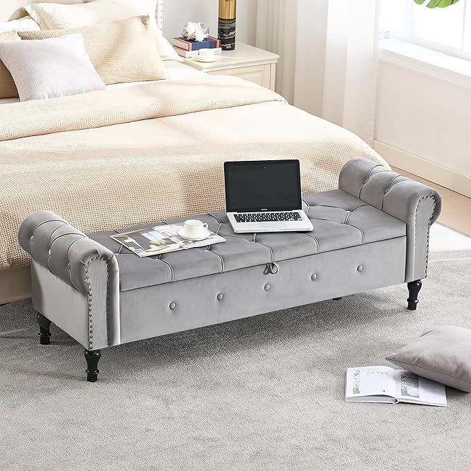 Storage Bench for Bedroom, Velvet 67" End of Bed Bench, King Size Benches