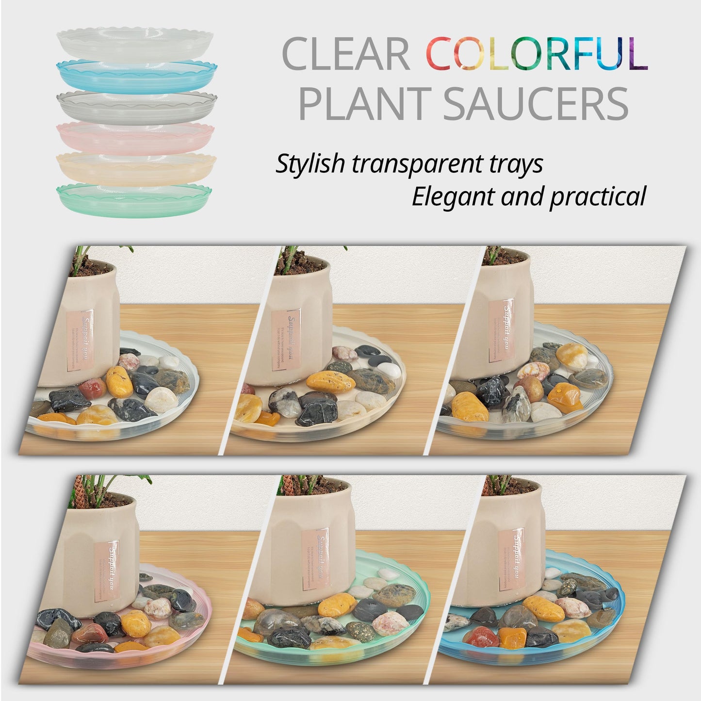 ECOESPTI 12Pcs Clear Plant Saucer, 6 8 10 Inch Durable Plastic Plant Tray, Round Plant Pot Saucers, Drip Tray for Indoor and Outdoor Garden, Grey