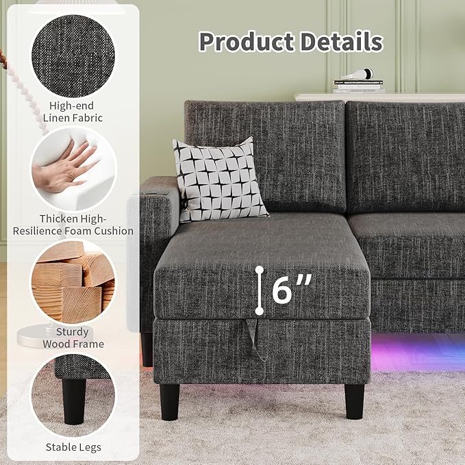 Sectional Couches for Living Room, 6-Seats Soft Linen Fabric Sectional Sofa