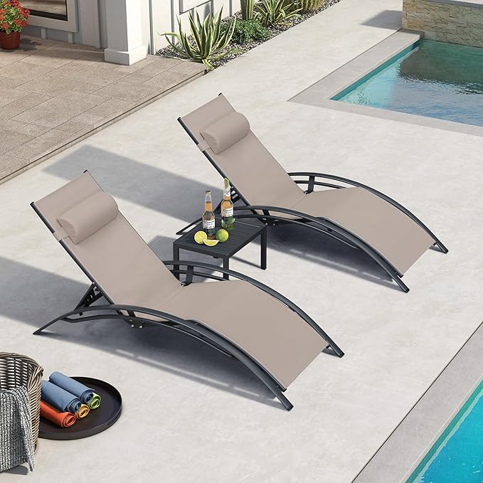 PURPLE LEAF Patio Chaise Lounge Set of 3 Outdoor Lounge Chair Beach Pool