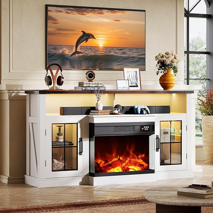 WLIVE 3-Sided Glass Electric Fireplace TV Stand