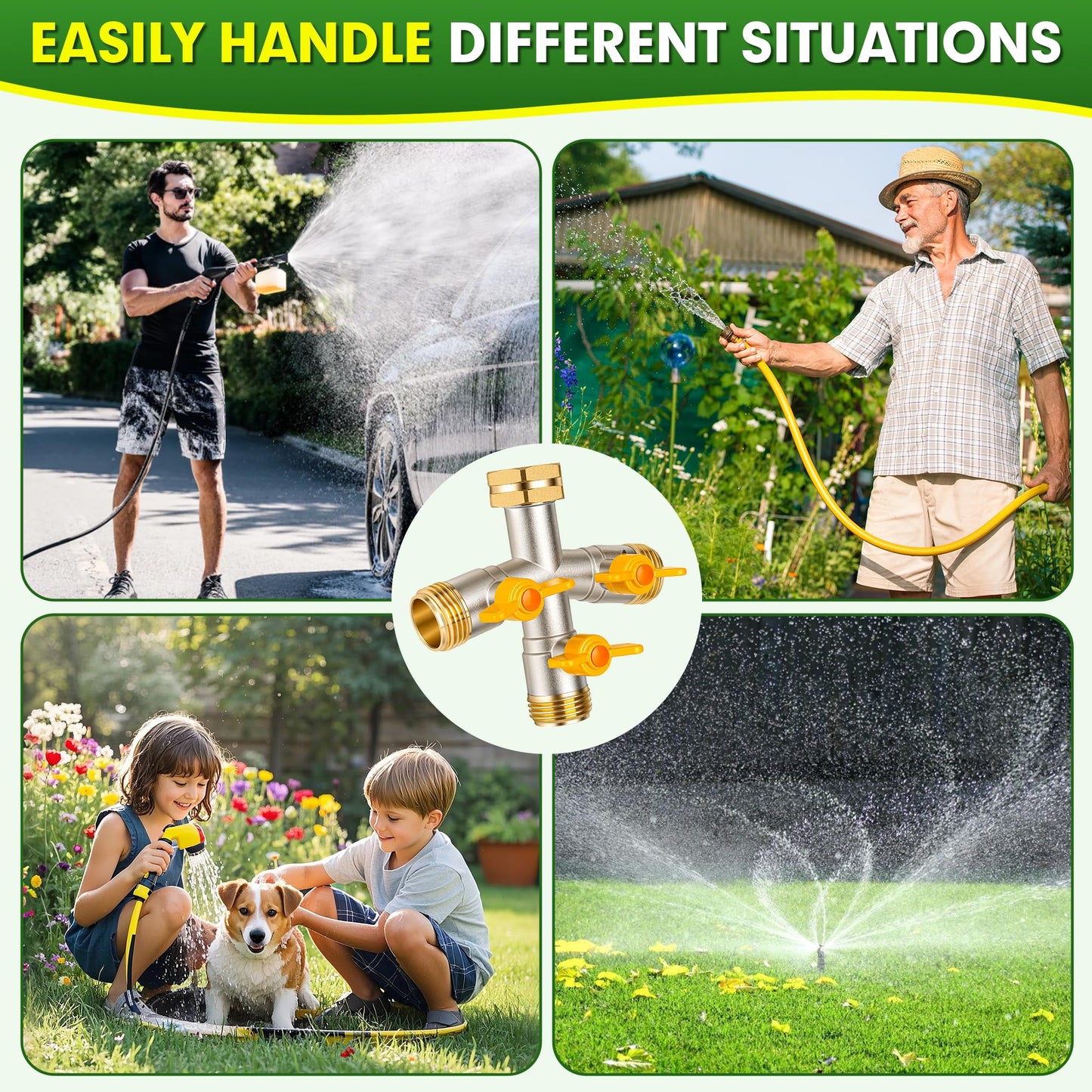 DINGBAI Hose Splitter 3 Way, High Flow Garden Hose Splitter, 3/4” Ght Inlet Brass Heavy Duty Hose Converter, water 3 Way Faucet hose splitter, Long Handle Hose Valve Large Outlet.
