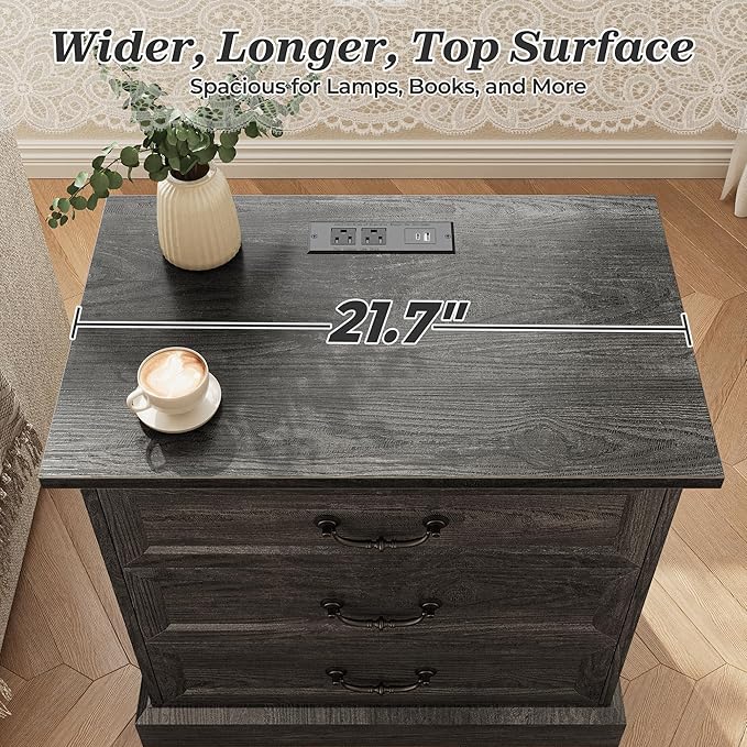 Huuger Nightstand with Charging Station, 3 Drawer Night Stand, 22 Inch Wider