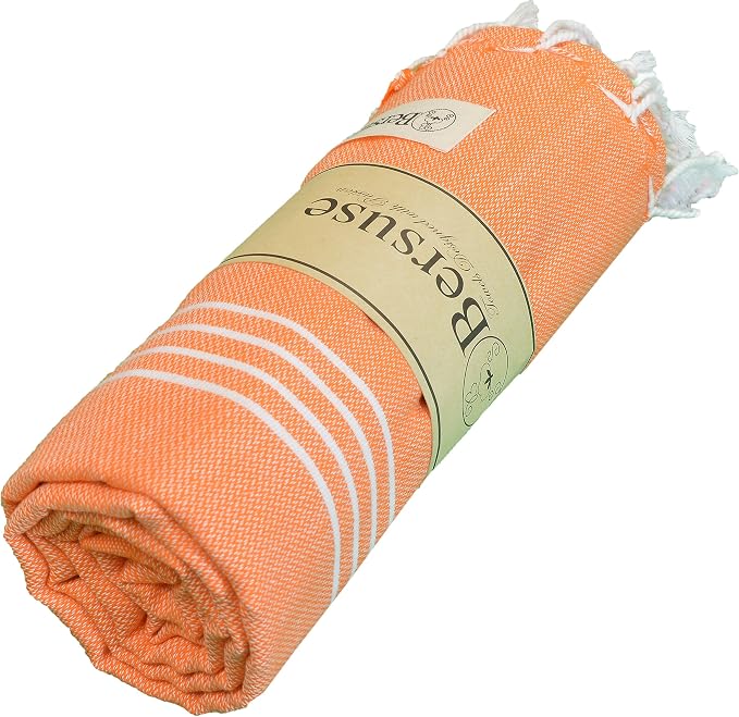 Bersuse Towels Anatolia XL Beach Blanket Throw Blanket Turkish Towel 100% Cotton Extra-Large Quick-Dry Lightweight Premium Peshtemal Towel - 61x82 Inches, Orange