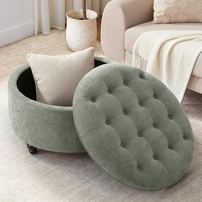 HUIMO 30-Inch Round Storage Ottoman, Modern Button Tufted Coffee Table
