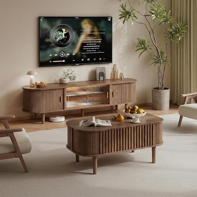 Lift Top Coffee Table with Storage, Faux Marble Top, Wood Fluted Center Table