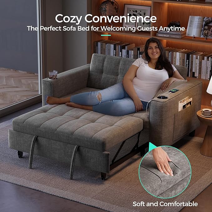 LINSY 54" Pull Out Couch with Charging Station, Small Sleeper Sofa Bed with Cup
