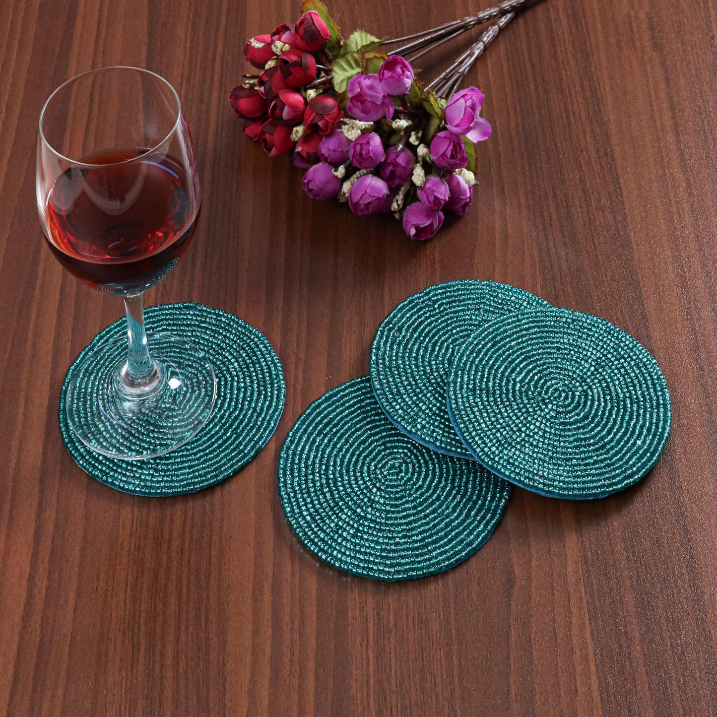 Handmade Beaded Bar Drink Tabletop Protection Coasters - Set of 4 - Halloween Harvest Autumn Fall Thanksgiving Holiday Christmas Xmas Celebration Festive Party 4" Round - Solid Teal