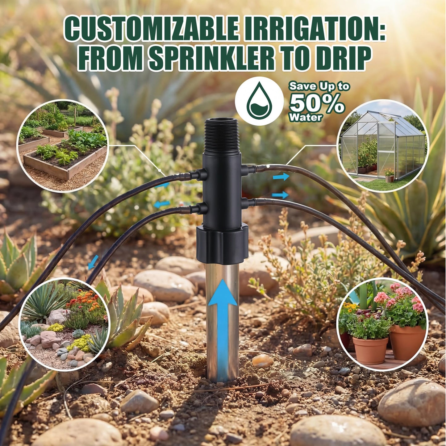 Gulfmew 5 Pack 4 Port Drip Irrigation Manifold with Filter, Drip Irrigation Riser Adapter, Watering Manifold for Gardening Systems, 1/2" Female Pipe Thread x 1/2" Male Pipe Thread x 1/4" Barbed End