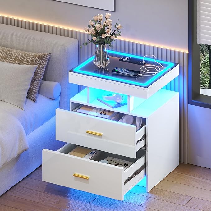 LED Nightstand Set 2 with Wireless Charging Station, Glass Top Smart Bedside