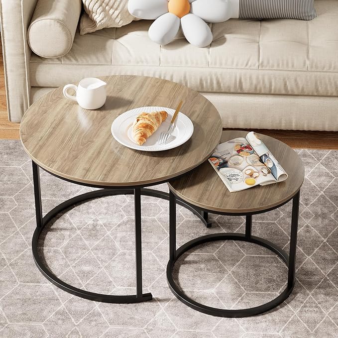Garden 4 you Nesting Coffee Table, 23.6" Round Coffee Table Set of 2, Wooden